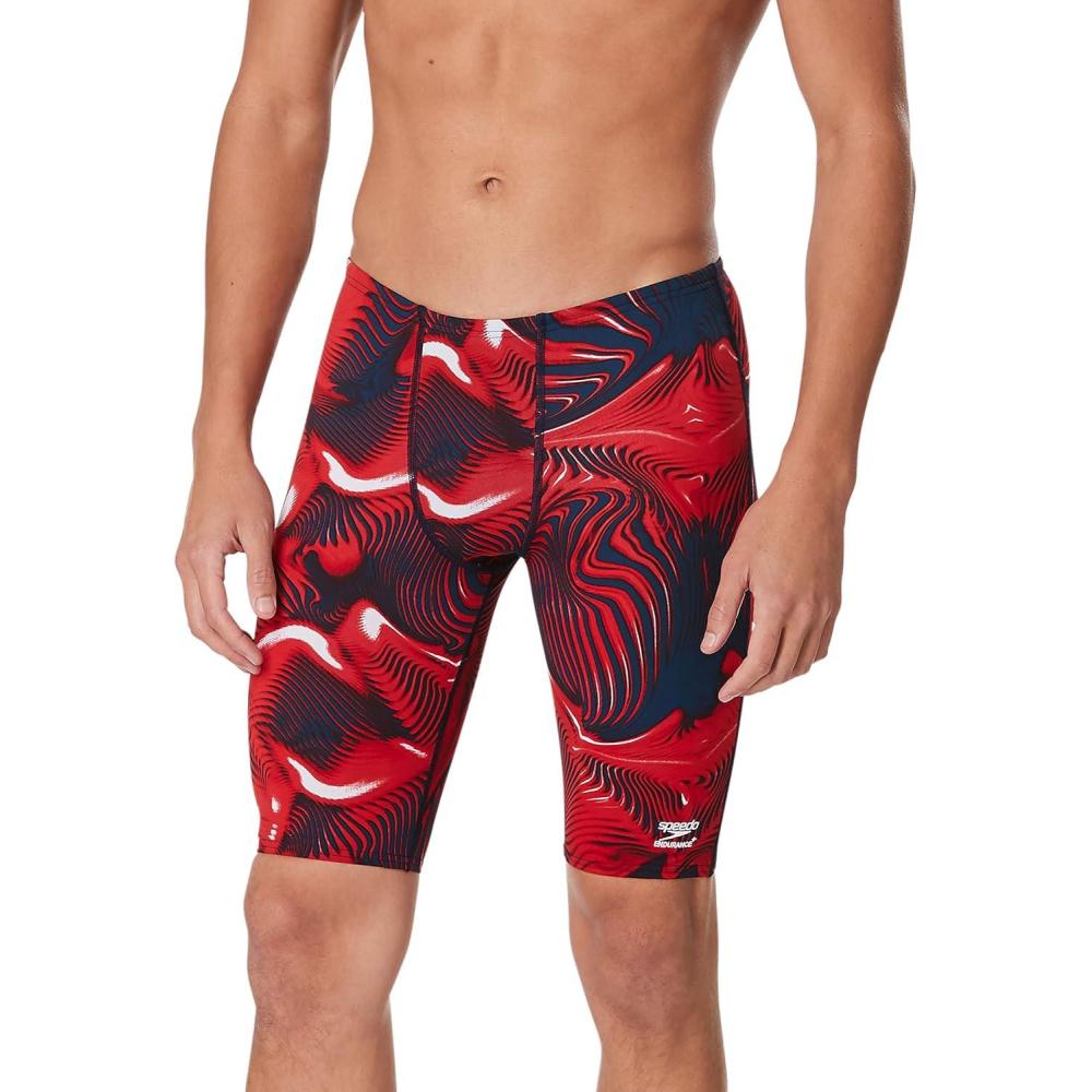 imageSpeedo Mens Swimsuit Jammer Endurance Printed Team ColorsFusion RedWhiteBlue