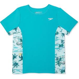 imageSpeedo Girls UV Swim Shirt Short Sleeve Printed RashguardAruba Blue Splice