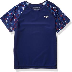 imageSpeedo Girls UV Swim Shirt Short Sleeve Printed RashguardRedWhiteBlue
