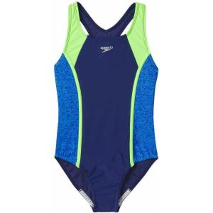 imageSpeedo Big Girls Solid Infinity Splice One Piece SwimsuitDark BlueNeon Green