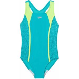 imageSpeedo Big Girls Solid Infinity Splice One Piece SwimsuitTurkish Sea BlueNeon Light Green