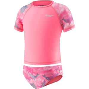 imageSpeedo Girls Printed Short Sleeve Rash Guard tShirt Two Piece Swim SetCoral