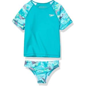 imageSpeedo Girls Printed Short Sleeve Rash Guard tShirt Two Piece Swim SetNew Turquoise