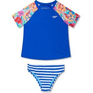 imageSpeedo Girls Printed Short Sleeve Rash Guard tShirt Two Piece Swim SetTrue Cobalt