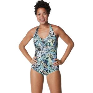 imageSpeedo Womens Swimsuit One Piece VNeck Shirred Halter Moderate CutAnimal Swirl Dark Ivy