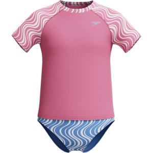 imageSpeedo Girls Uv Swim Shirt Short Sleeve Rashguard SetWavy Stripe Pink LemonadePeriwinkle Blue